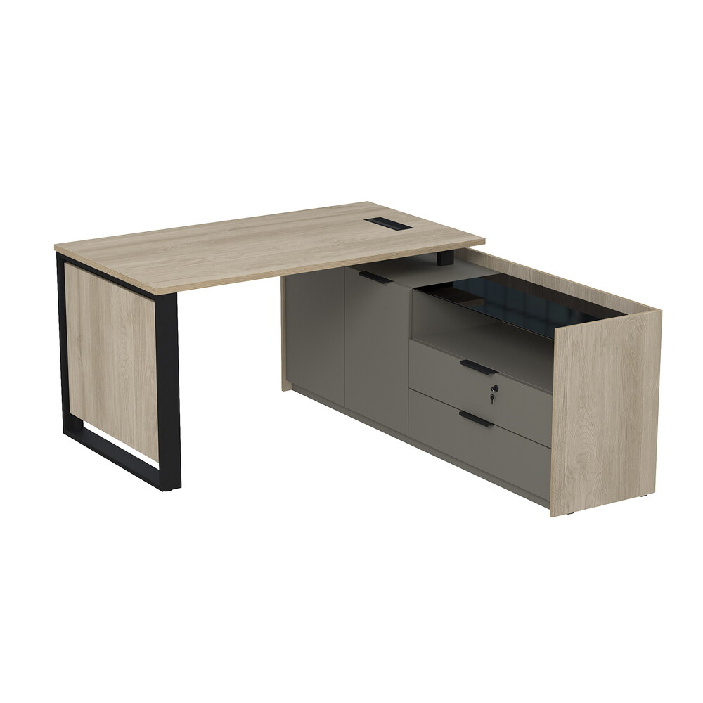 Стол рабочий с люч, на опорной двусоставной тумбе, с ящиками (метабокс), с замком