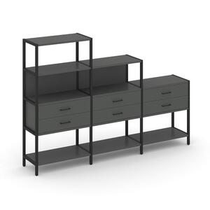 Трехсекционный стеллаж четырех/трех/двухярусный с ящиками