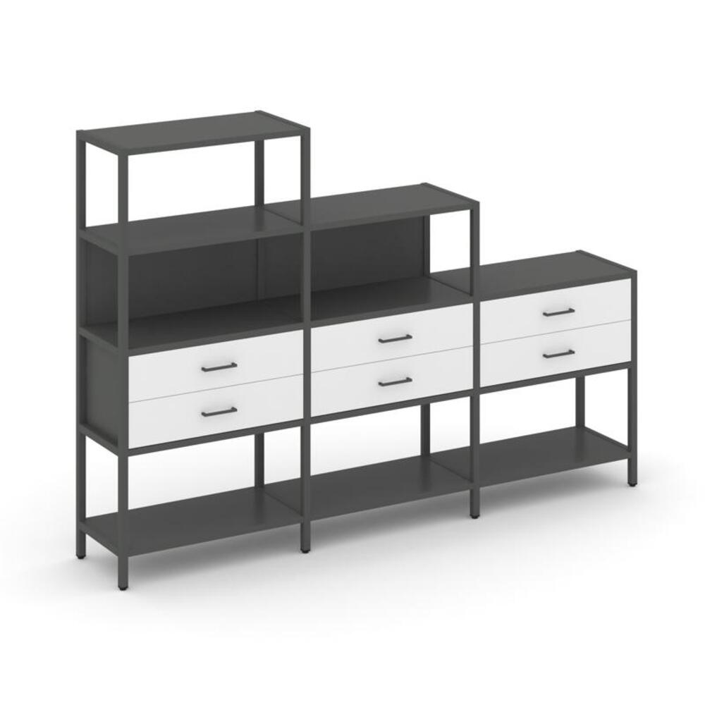 Трехсекционный стеллаж четырех/трех/двухярусный с ящиками