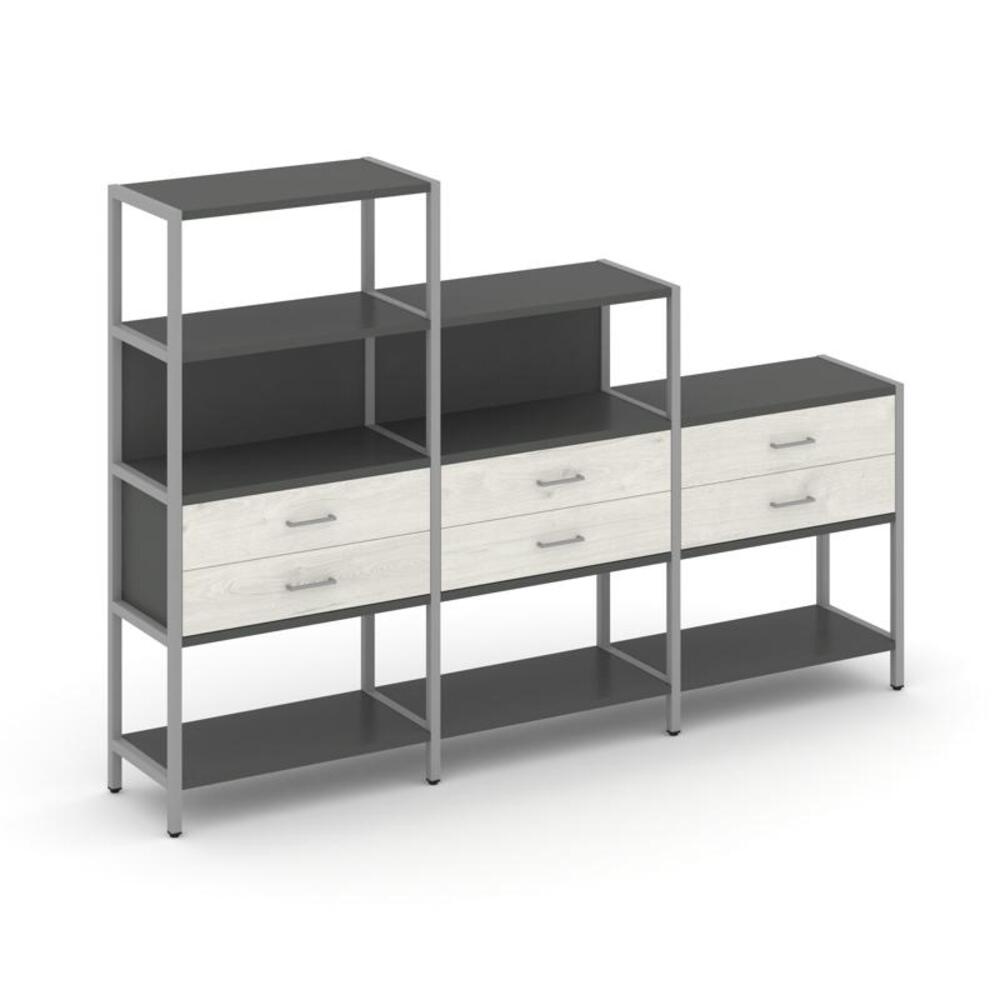 Трехсекционный стеллаж четырех/трех/двухярусный с ящиками