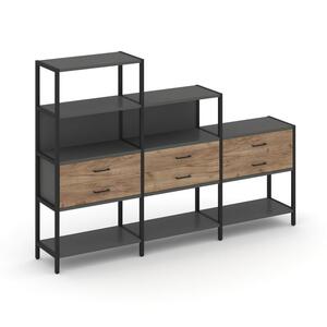 Трехсекционный стеллаж четырех/трех/двухярусный с ящиками