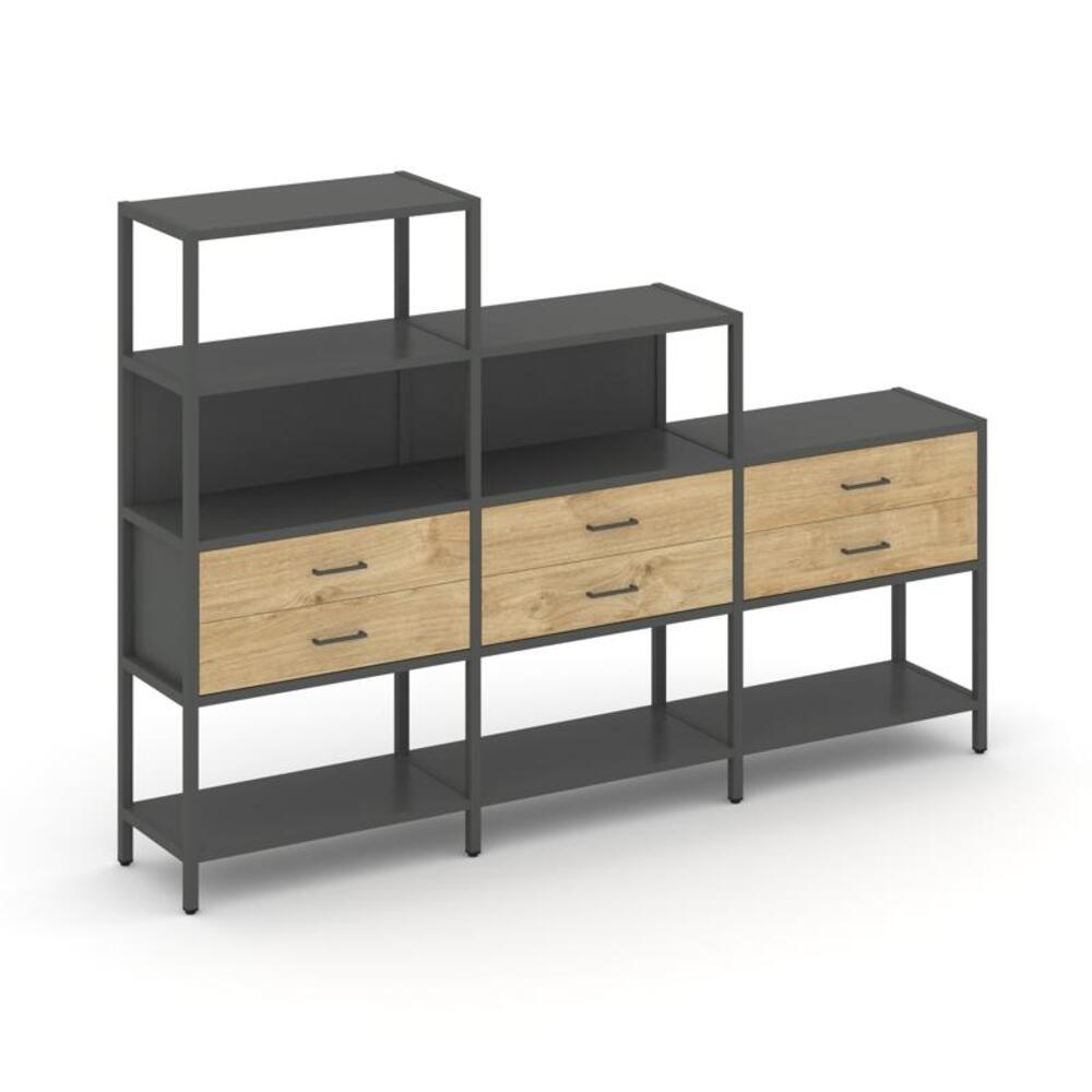 Трехсекционный стеллаж четырех/трех/двухярусный с ящиками