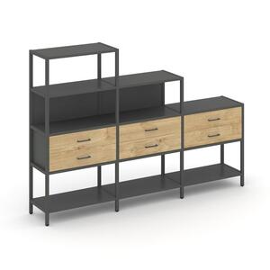 Трехсекционный стеллаж четырех/трех/двухярусный с ящиками