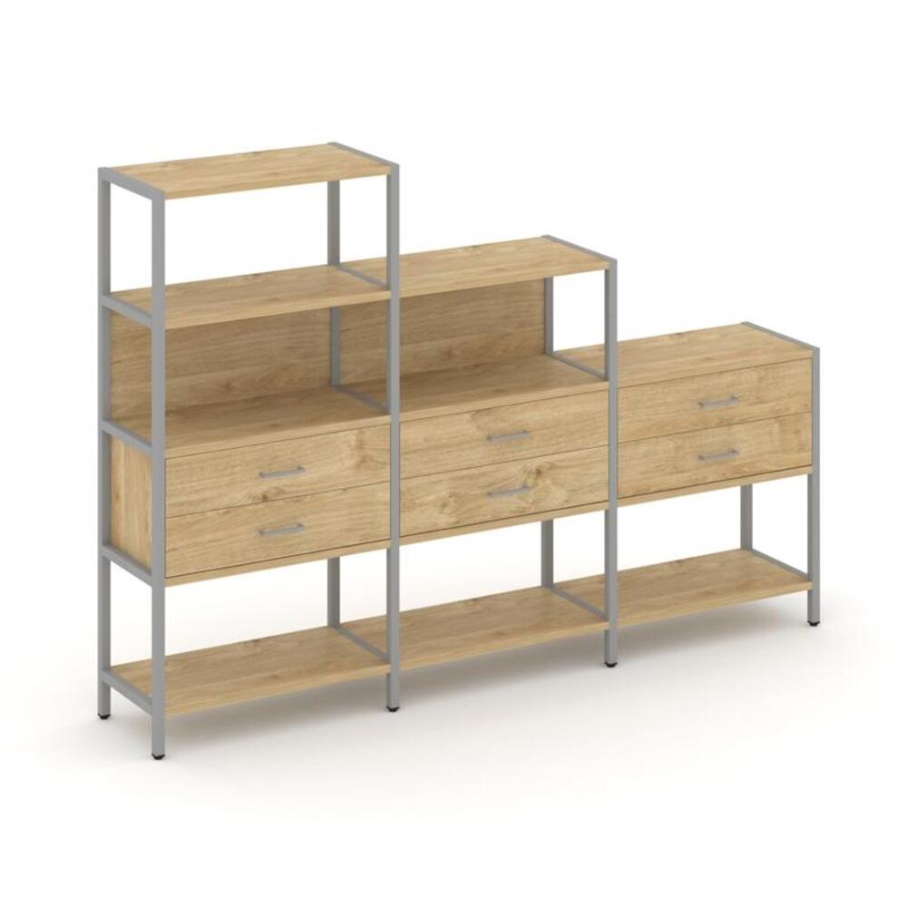 Трехсекционный стеллаж четырех/трех/двухярусный с ящиками