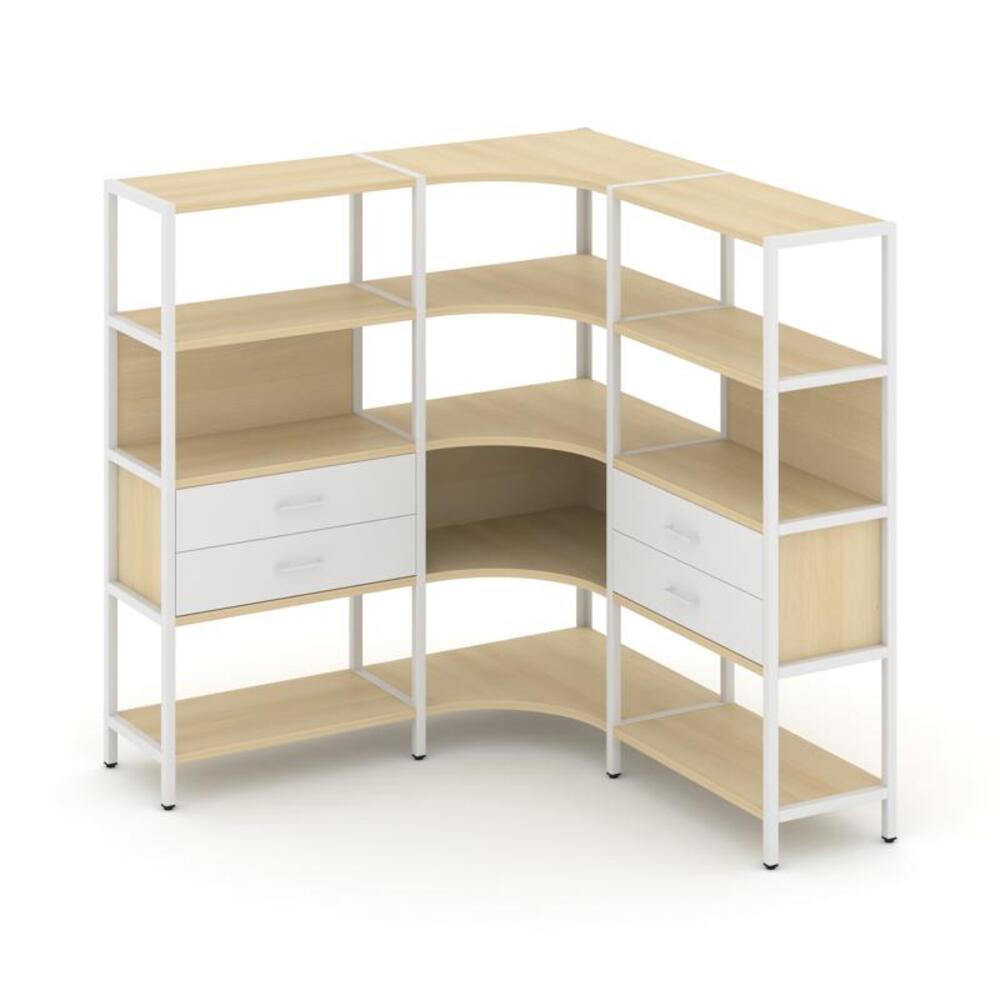 Трехсекционный угловой стеллаж четырехярусный с ящиками