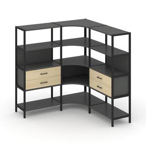 Трехсекционный угловой стеллаж четырехярусный с ящиками