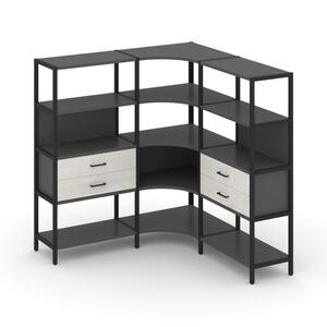 Трехсекционный угловой стеллаж четырехярусный с ящиками