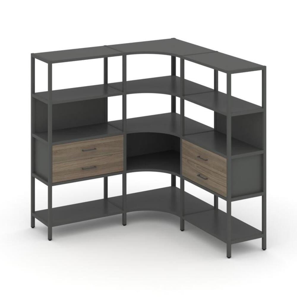 Трехсекционный угловой стеллаж четырехярусный с ящиками