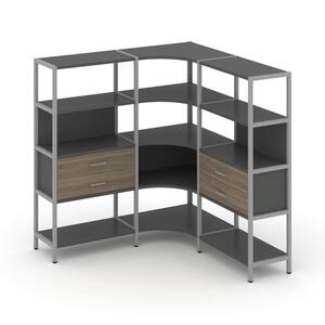 Трехсекционный угловой стеллаж четырехярусный с ящиками