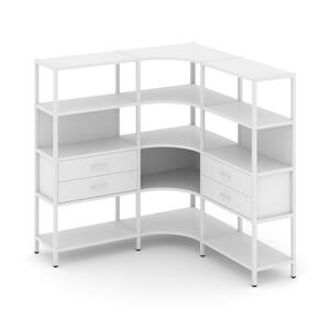 Трехсекционный угловой стеллаж четырехярусный с ящиками