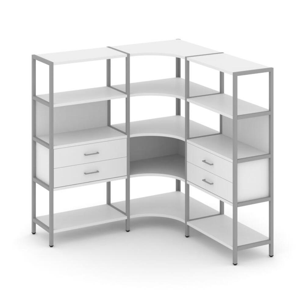 Трехсекционный угловой стеллаж четырехярусный с ящиками