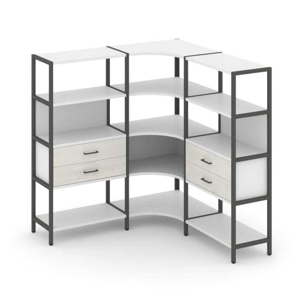 Трехсекционный угловой стеллаж четырехярусный с ящиками