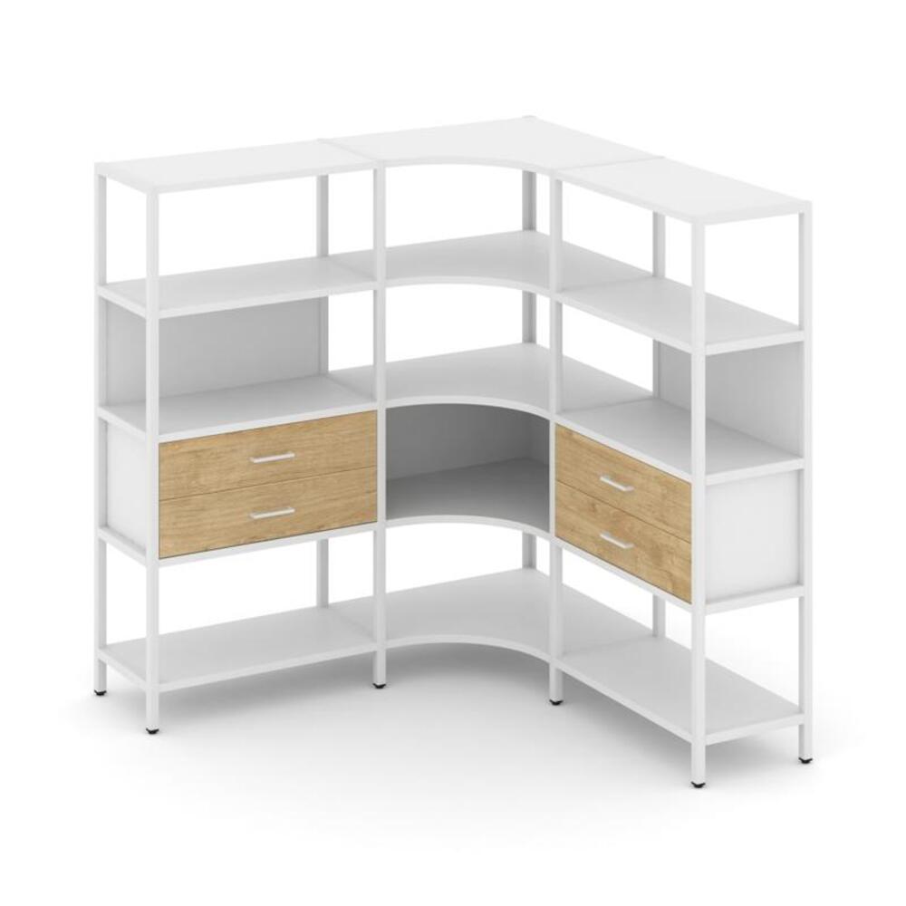 Трехсекционный угловой стеллаж четырехярусный с ящиками