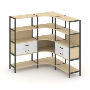Трехсекционный угловой стеллаж четырехярусный с ящиками