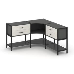 Трехсекционный угловой стеллаж двухярусный с ящиками