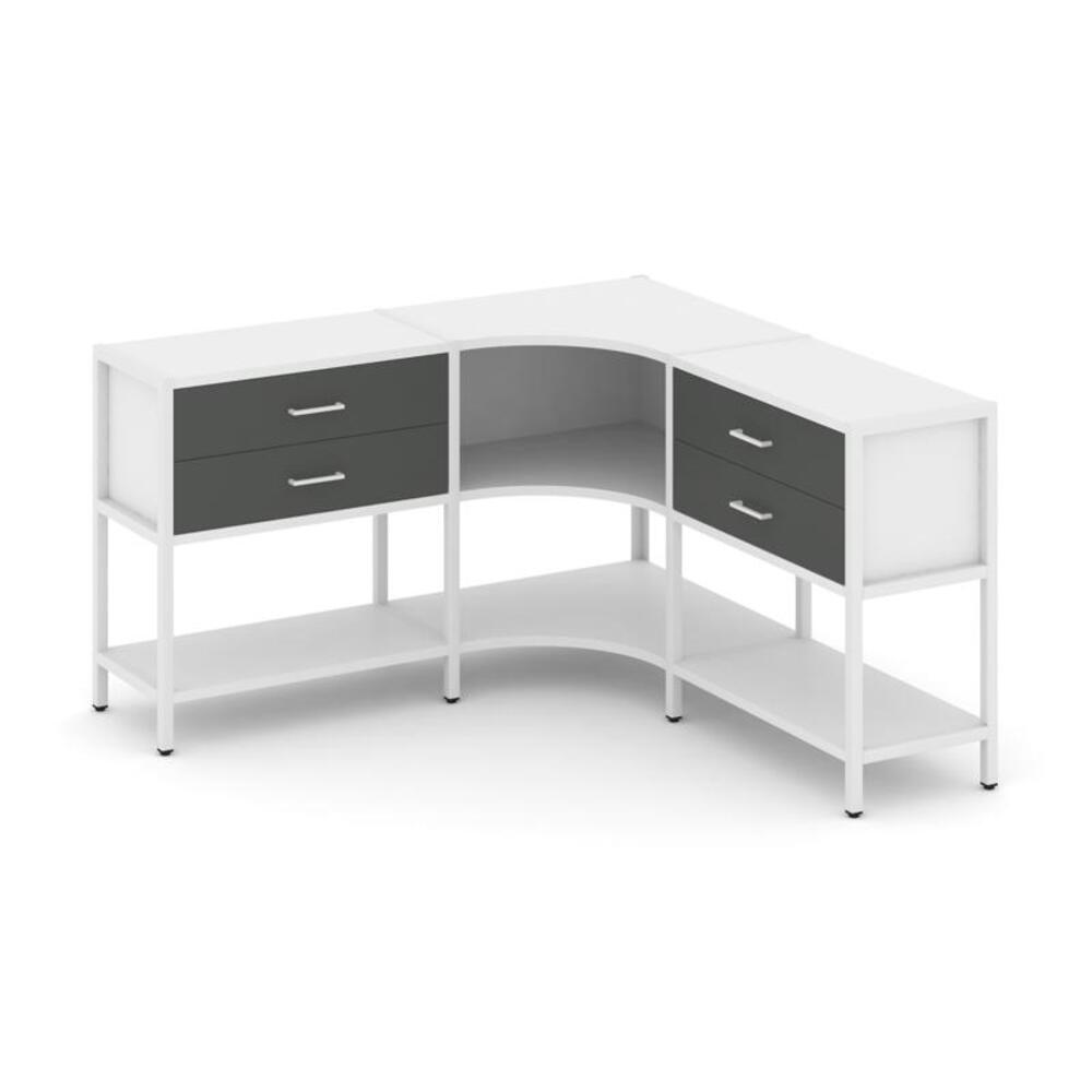 Трехсекционный угловой стеллаж двухярусный с ящиками