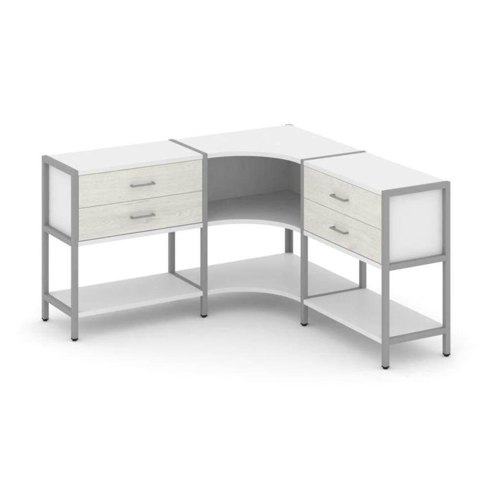 Трехсекционный угловой стеллаж двухярусный с ящиками