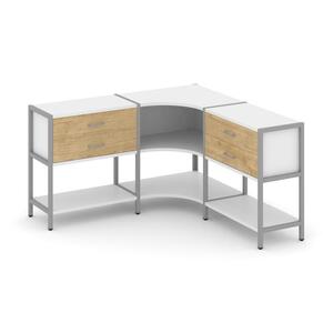 Трехсекционный угловой стеллаж двухярусный с ящиками