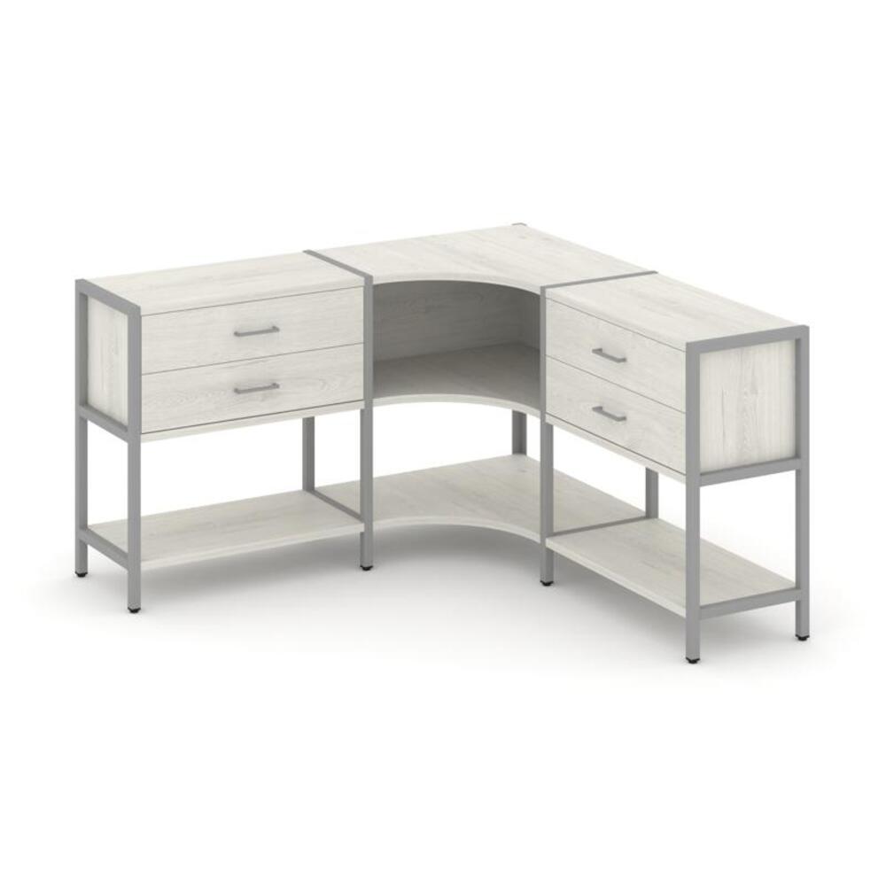 Трехсекционный угловой стеллаж двухярусный с ящиками