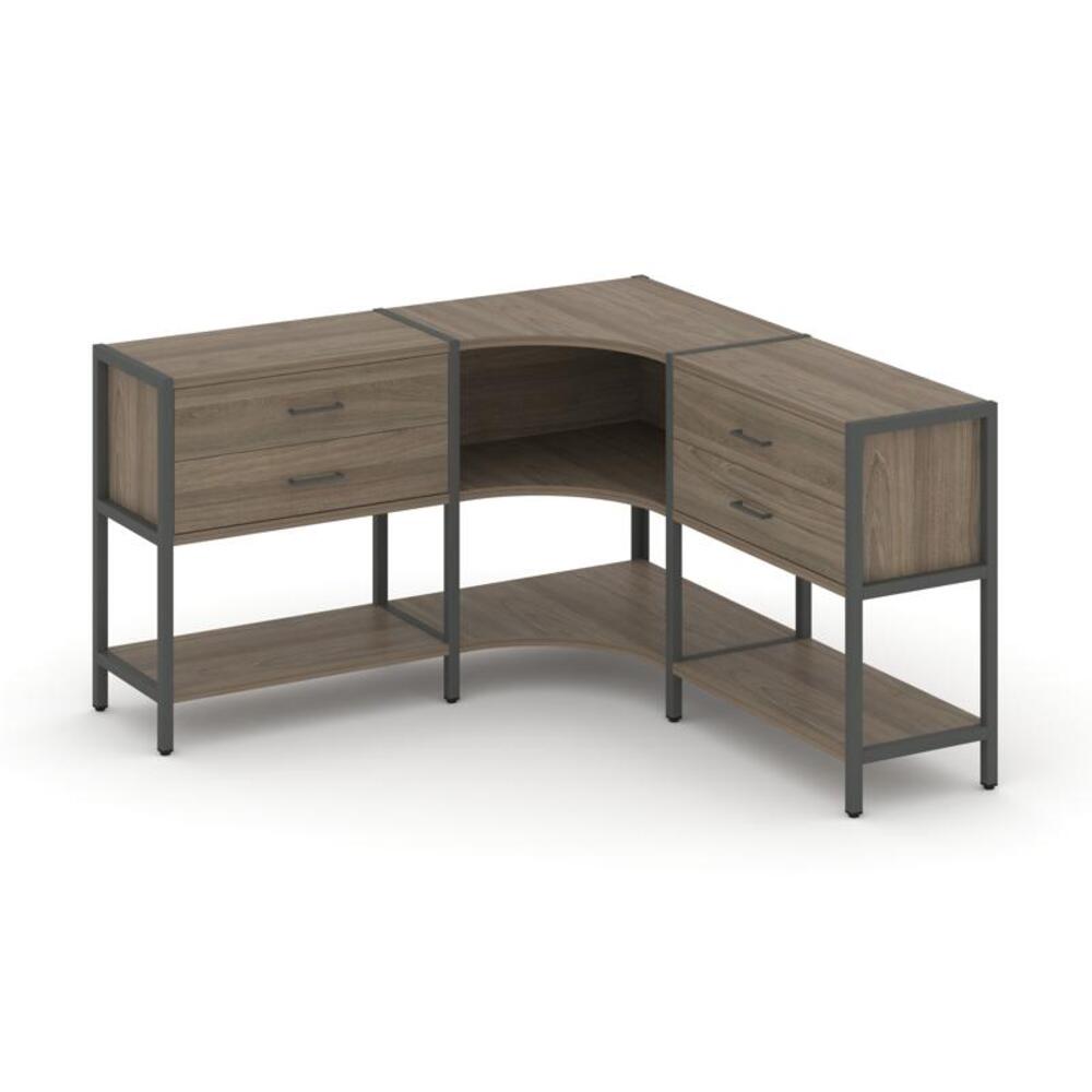 Трехсекционный угловой стеллаж двухярусный с ящиками