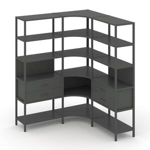 Трехсекционный угловой стеллаж пятиярусный с ящиками