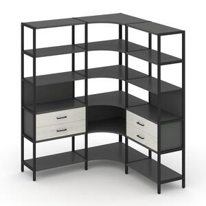 Трехсекционный угловой стеллаж пятиярусный с ящиками