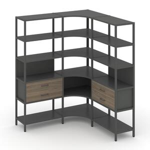 Трехсекционный угловой стеллаж пятиярусный с ящиками