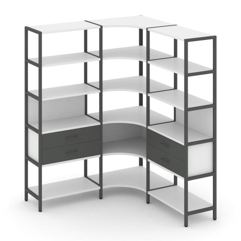 Трехсекционный угловой стеллаж пятиярусный с ящиками