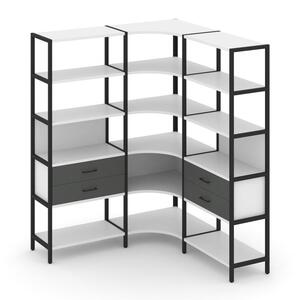 Трехсекционный угловой стеллаж пятиярусный с ящиками