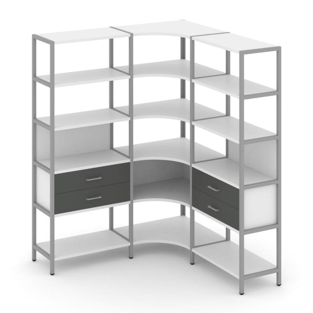 Трехсекционный угловой стеллаж пятиярусный с ящиками