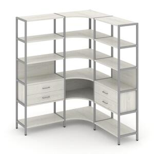 Трехсекционный угловой стеллаж пятиярусный с ящиками