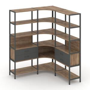 Трехсекционный угловой стеллаж пятиярусный с ящиками