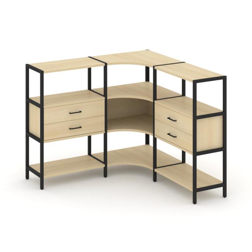 Трехсекционный угловой стеллаж трехярусный с ящиками