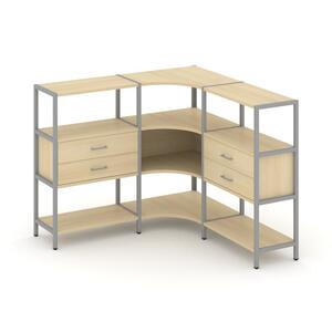 Трехсекционный угловой стеллаж трехярусный с ящиками