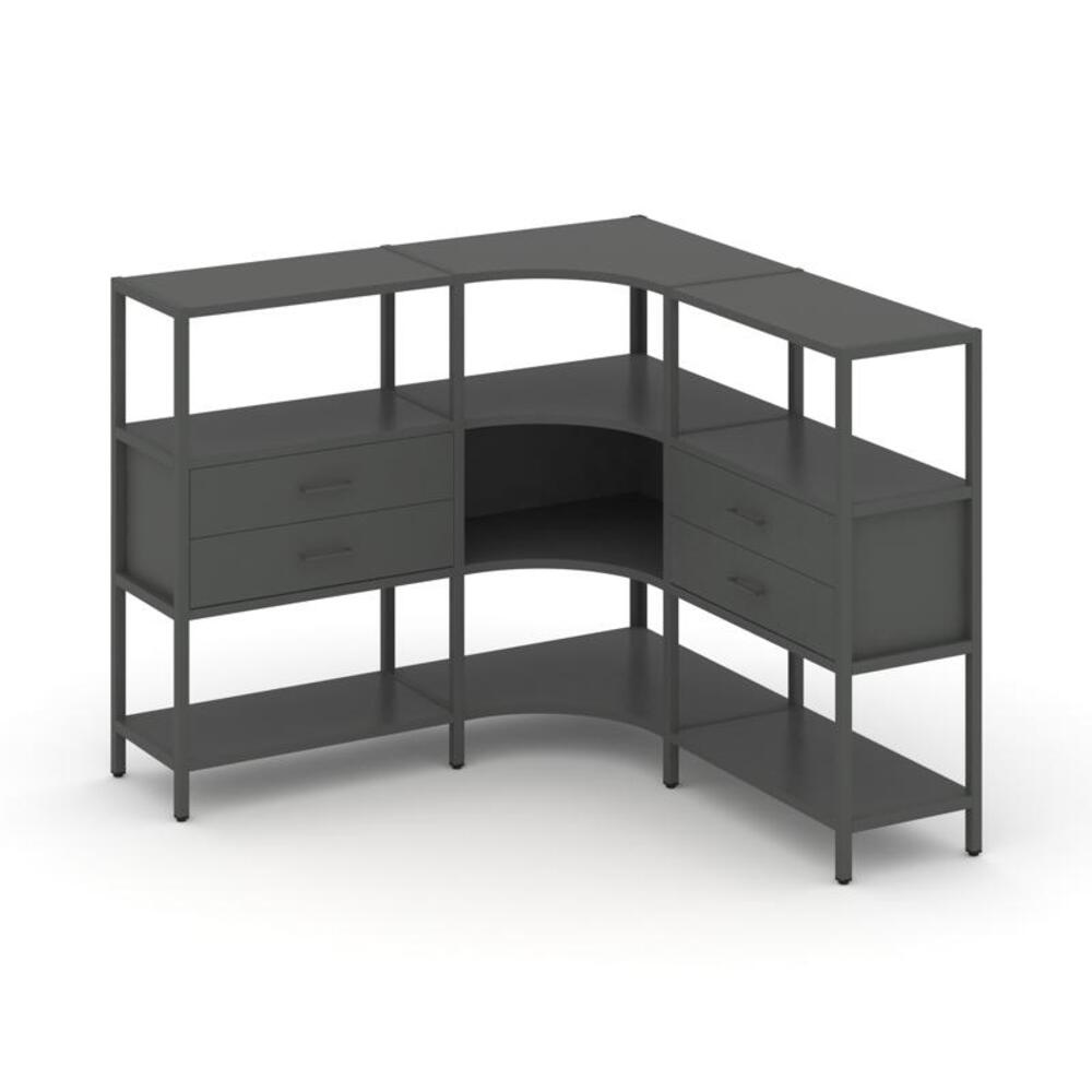 Трехсекционный угловой стеллаж трехярусный с ящиками