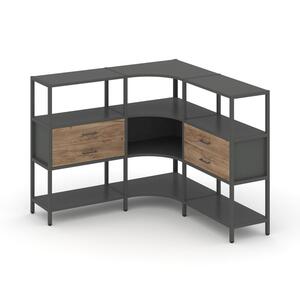 Трехсекционный угловой стеллаж трехярусный с ящиками