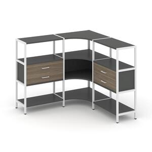 Трехсекционный угловой стеллаж трехярусный с ящиками