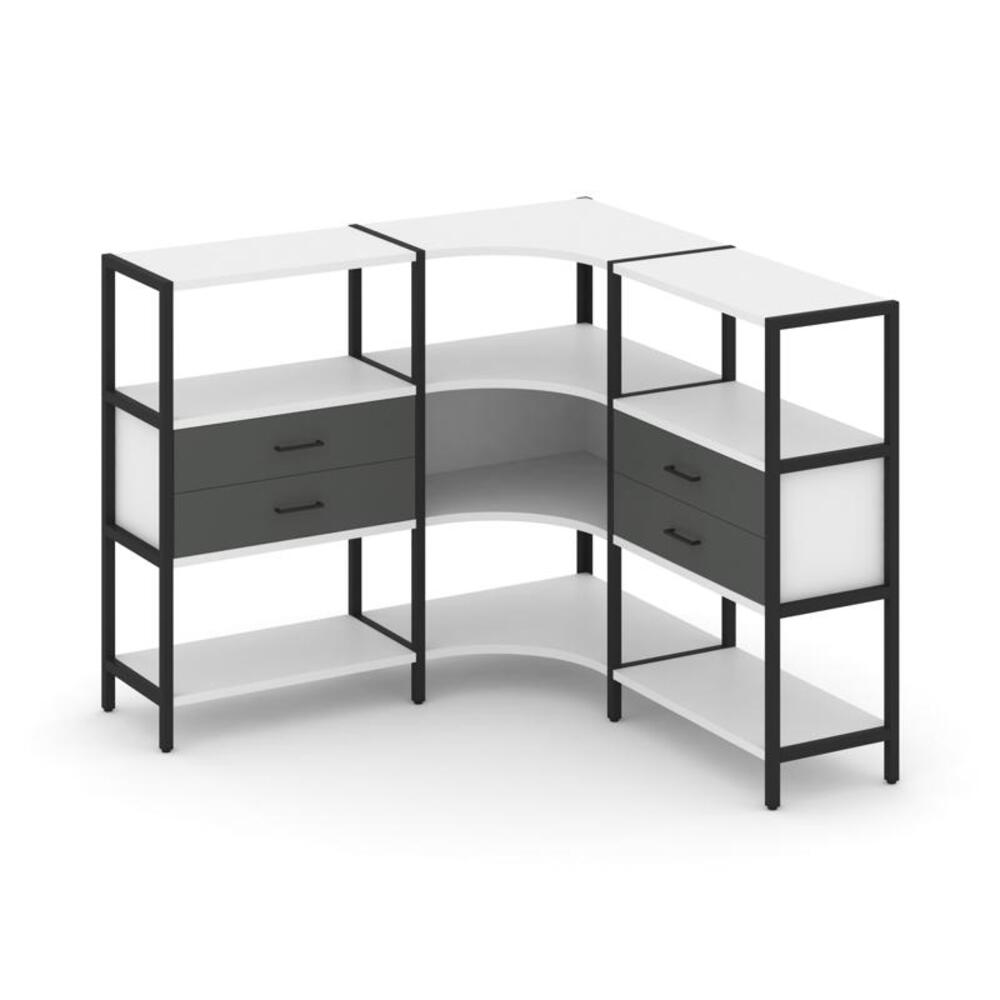 Трехсекционный угловой стеллаж трехярусный с ящиками