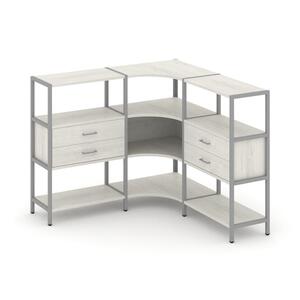 Трехсекционный угловой стеллаж трехярусный с ящиками