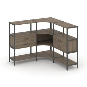 Трехсекционный угловой стеллаж трехярусный с ящиками