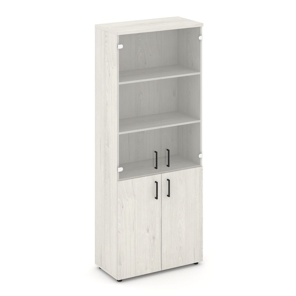 Шкаф высокий широкий (2 низких фасада ЛДСП + 2 средних фасада стекло прозрачное)